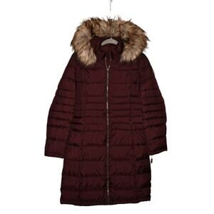 CALVIN KLEIN NEW $299 Long Quilted Parka Coat Burgundy Fur Trim Hood‎ Small